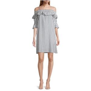 ViVi by Violet Weekend Striped 3/4 Ruffle Sleeve Cold Shoulder Shift Dress M NWT